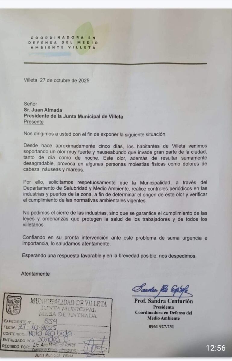 La nota presentada por la Coordinadora en Defensa del Medio Ambiente a la Junta Municipal. Otra nota similar se presentó a la Intendencia de Villeta.