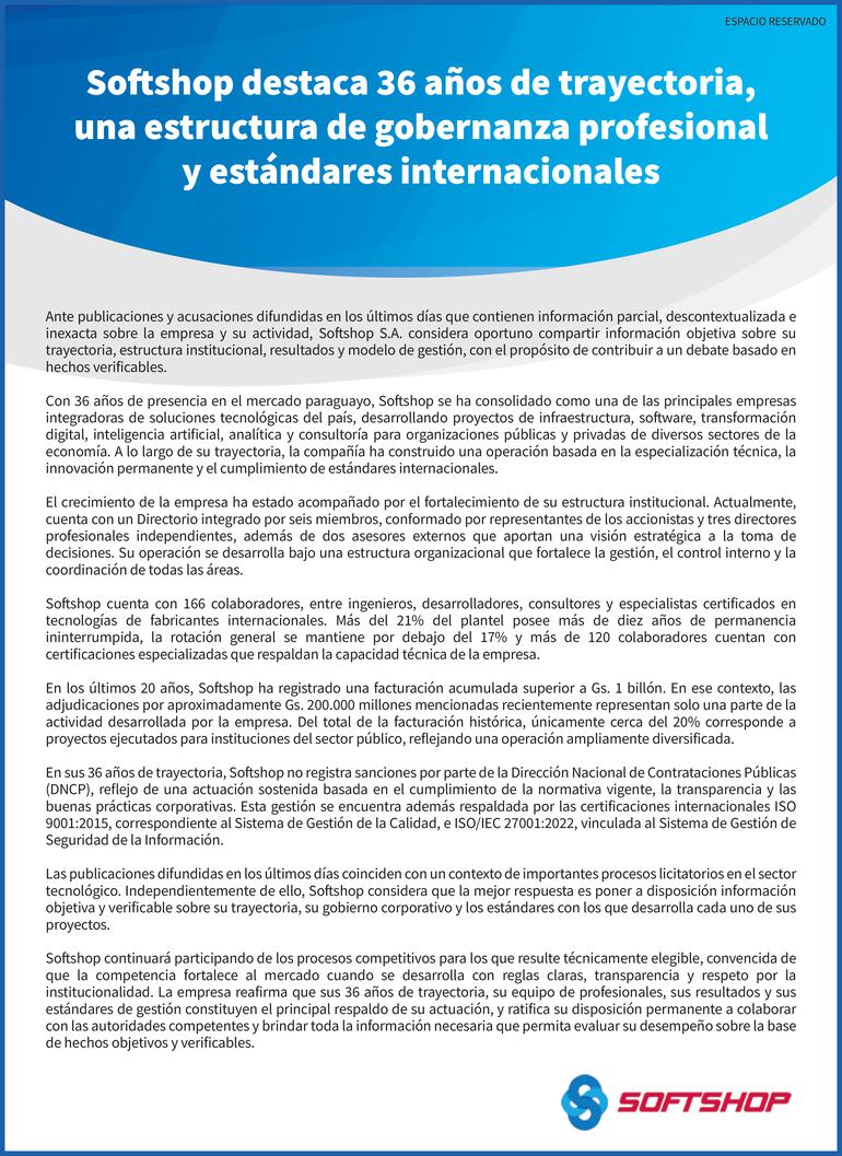 Comunicado de Softshop.