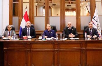 Los miembros presentes del JEM: Manuel Ramírez Candia, Enrique Berni, Alicia Pucheta (presidenta), Orlando Arévalo y Mario Varela.