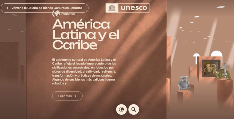 Diseño gráfico que destaca el patrimonio cultural de América Latina y El Caribe con fondo de estanterías de arte.