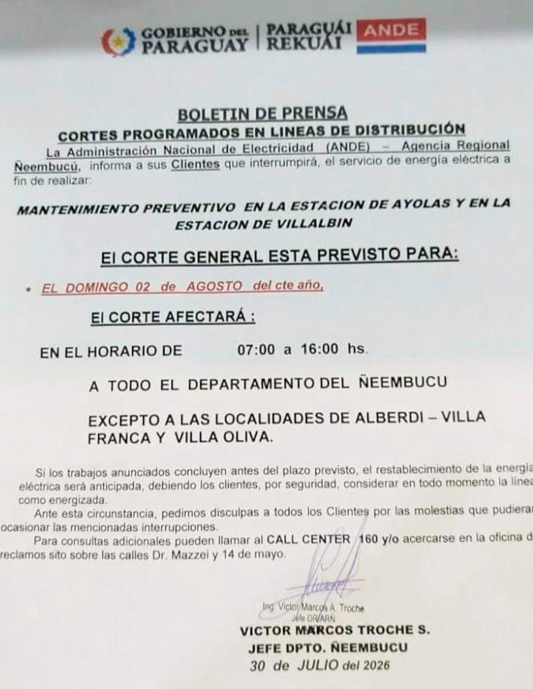 Boletín de prensa de la ANDE sobre corte de electricidad en Pilar, detallando horarios y localidades afectadas.