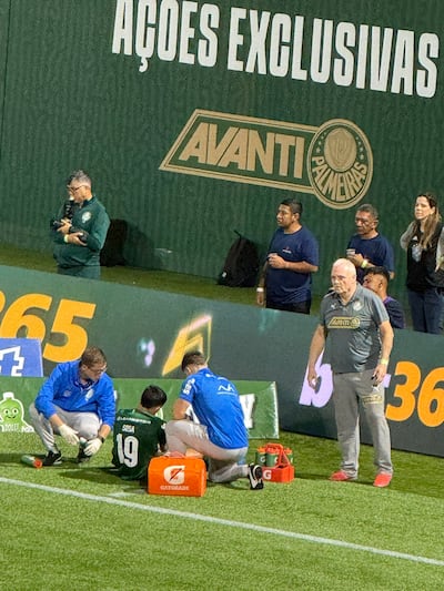 El extremo paraguayo de Palmeiras, Ramón Sosa con evidente signos de dolor en el tobillo izquierdo que lo obligó a abandonar el terreno de juego en el duelo ante Cruzeiro.