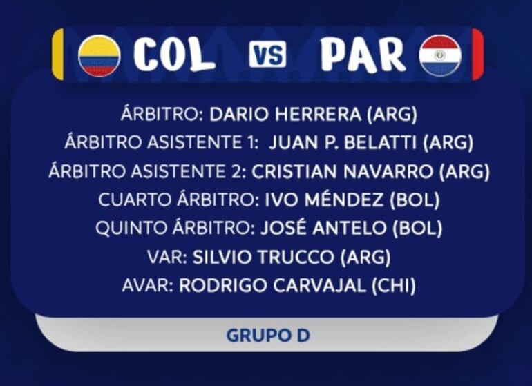 Los árbitros de Paraguay vs. Colombia por la Copa América 2024.