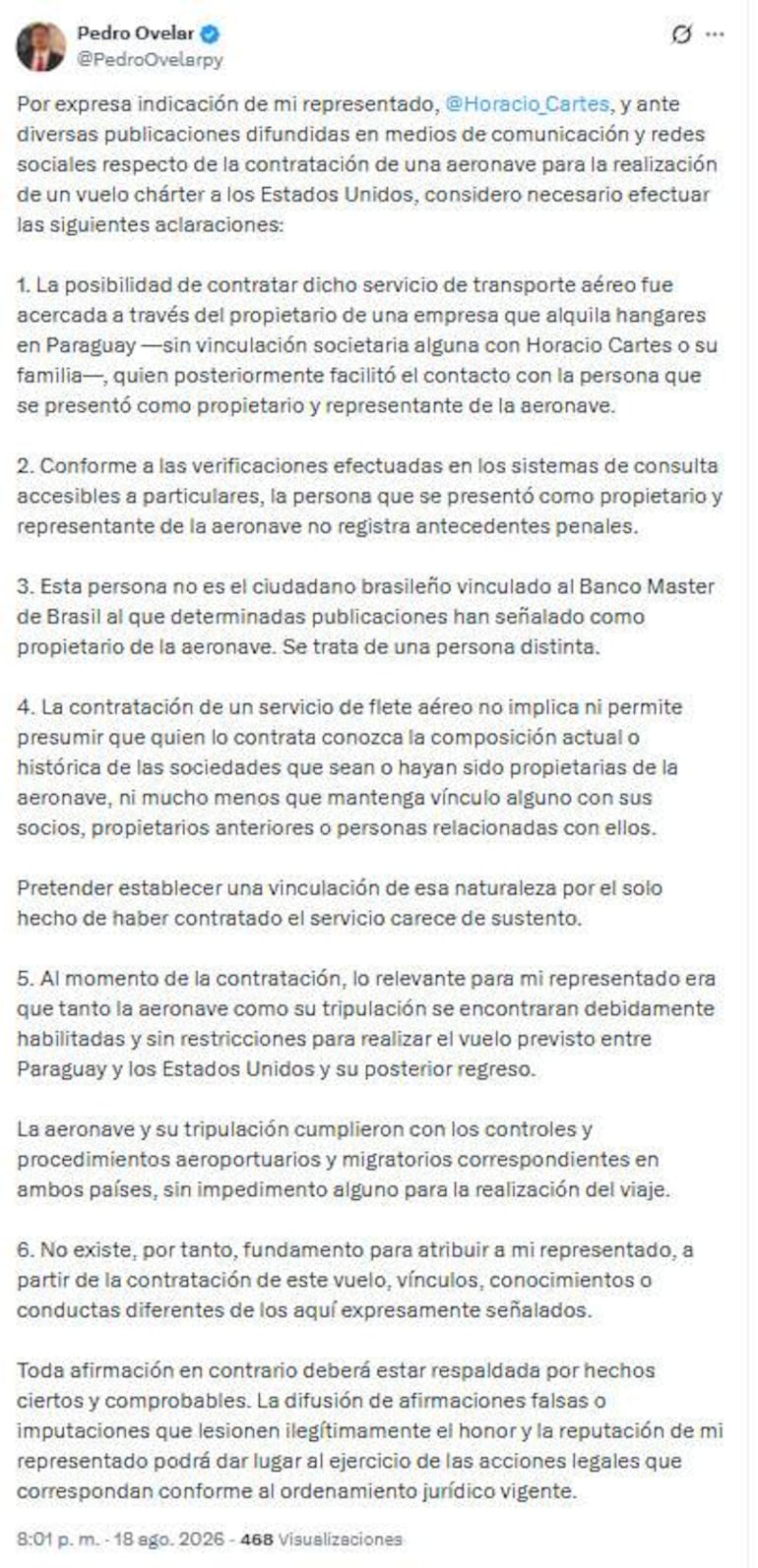 Comunicado escrito de Pedro Ovelar explicando detalles sobre un vuelo chárter relacionado con Horacio Cartes.