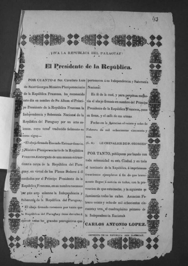 Reconocimiento de Francia a la independencia del Paraguay en un bando de Carlos A. López, 28 de febrero de 1853. ANA.