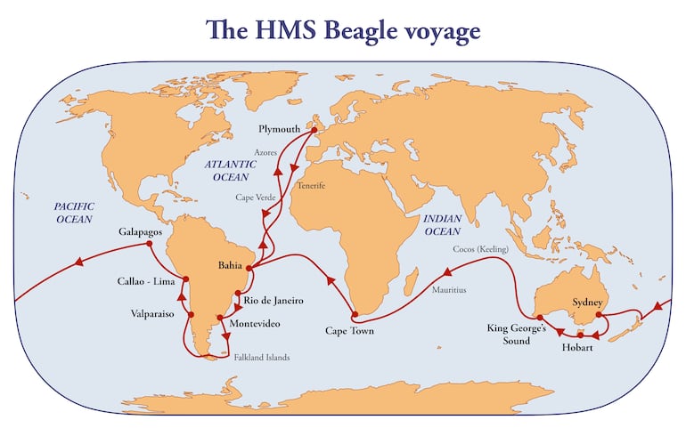 La ruta del viaje de HMS Beagle con Darwin a bordo.