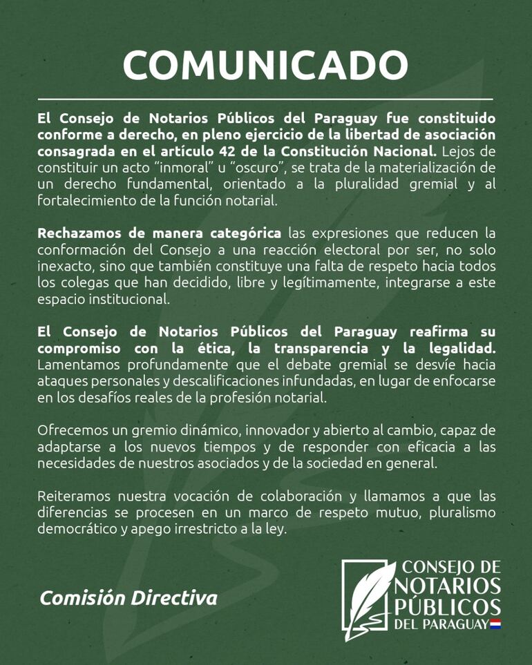 El Consejo de Notarios Públicos del Paraguay, mediante un comunicado, rechazó las acusaciones del Colegio de Escribanos
