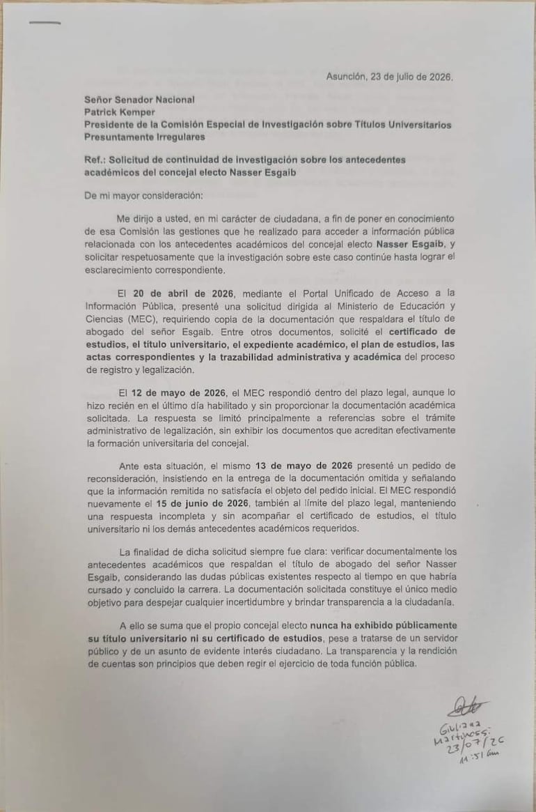 Documento dirigido al senador Patrick Kemper, solicitando la continuidad de la investigación sobre Nasser Esgaib.