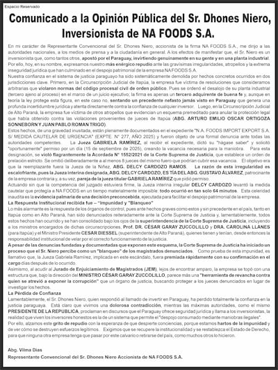 Comunicado de Dhones Niero, Inversionista de NA FOODS S.A.