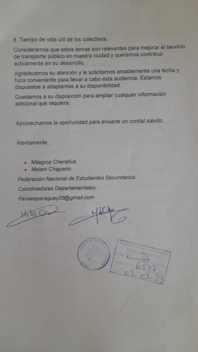 Nota de representantes de la Fenaes ingresada a la Municipalidad de Encarnación.