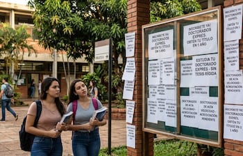 Dos universitarias observan ofertas de "doctorado exprés", en universidades paraguayas.