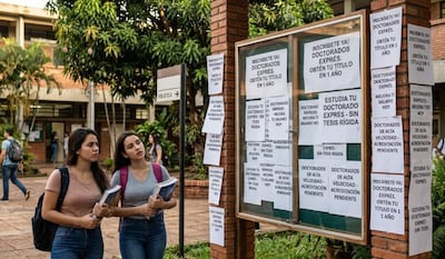 Dos universitarias observan ofertas de "doctorado exprés", en universidades paraguayas.