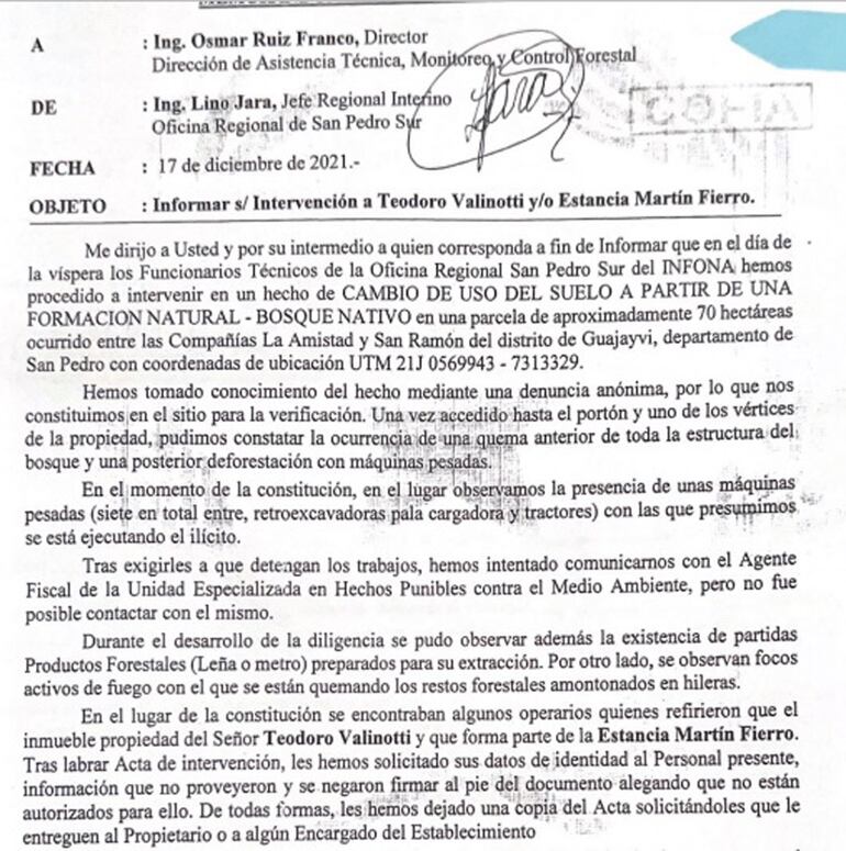 Documento del INFONA donde se habla de, al menos, 70 hectáreas destruidas. 