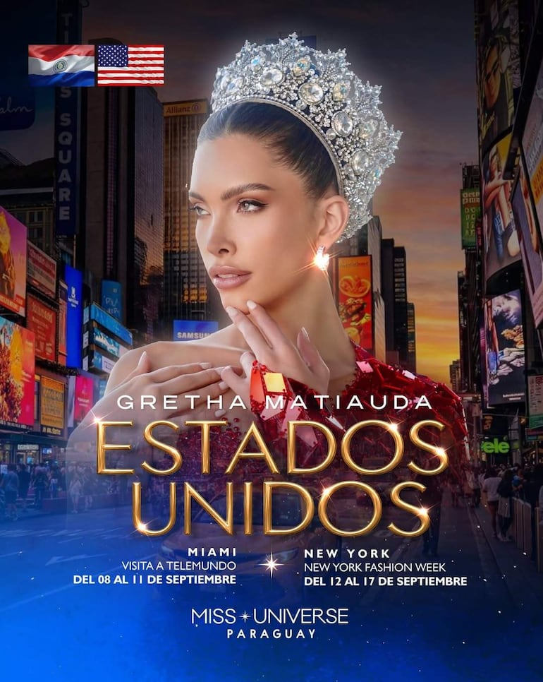 Gretha Matiauda con tiara brillante, sonriente y elegante, en un entorno urbano lleno de luces y pantallas publicitarias.