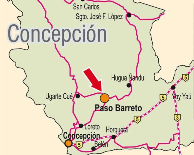 Mapa que ubica el distrito de Paso Barreto, en Concepción.