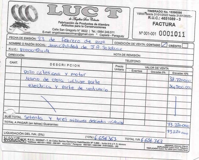 La factura de la empresa Luc T, que supuestamente construyó el pozo por la suma de 73 millones de guaraníes.