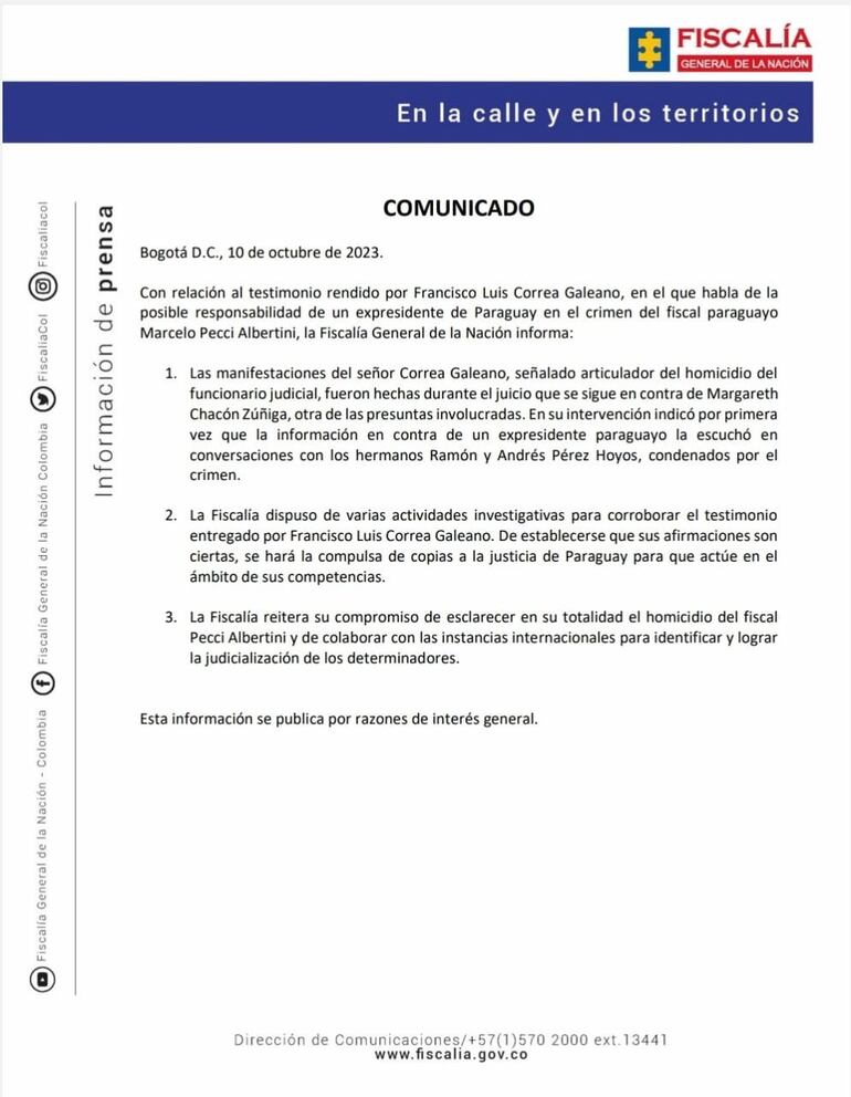 Comunicado de la Fiscalía General de la Nación de Colombia tras declaraciones de Fernando Luis Correa Galeano que vinculan a Horacio Cartes con el asesinato de Marcelo Pecci.