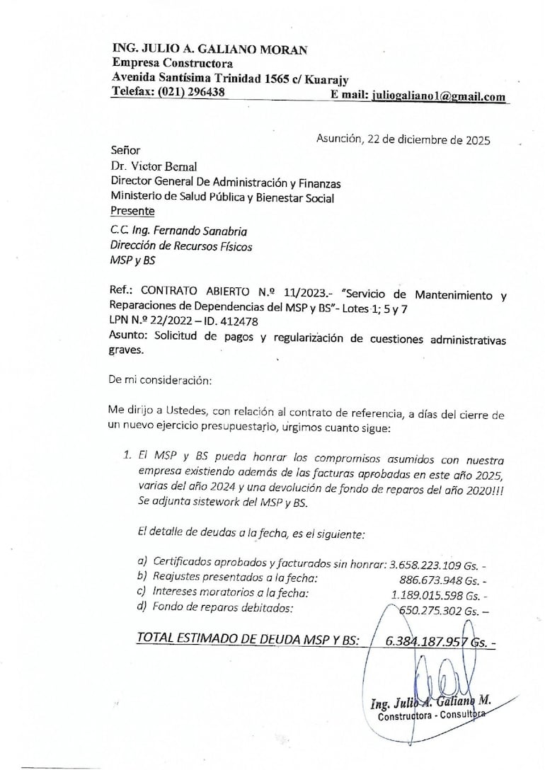 Reclamo presentado por el Ing. Julio A. Galiano Morán al Ministerio de Salud Pública y Bienestar Social en diciembre de 2025, donde detalla una deuda estimada de G. 6.384 millones por certificados aprobados, reajustes e intereses moratorios, incluyendo compromisos que se arrastran desde el año 2020.
