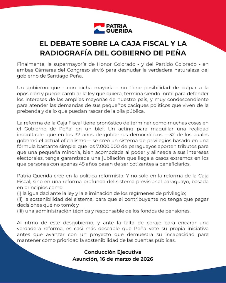 Comunicado del Partido Patria Querida sobre la reforma de la Caja Fiscal.