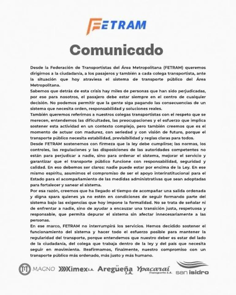 Comunicado de Fetram