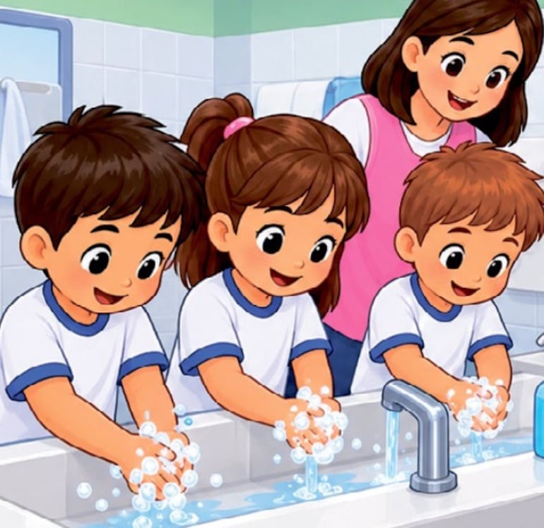 Niños se lavan las manos ante la atenta mirada de la maestra.