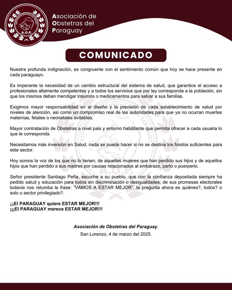 Comunicado de la Asociación de Obstetras del Paraguay (AOP).