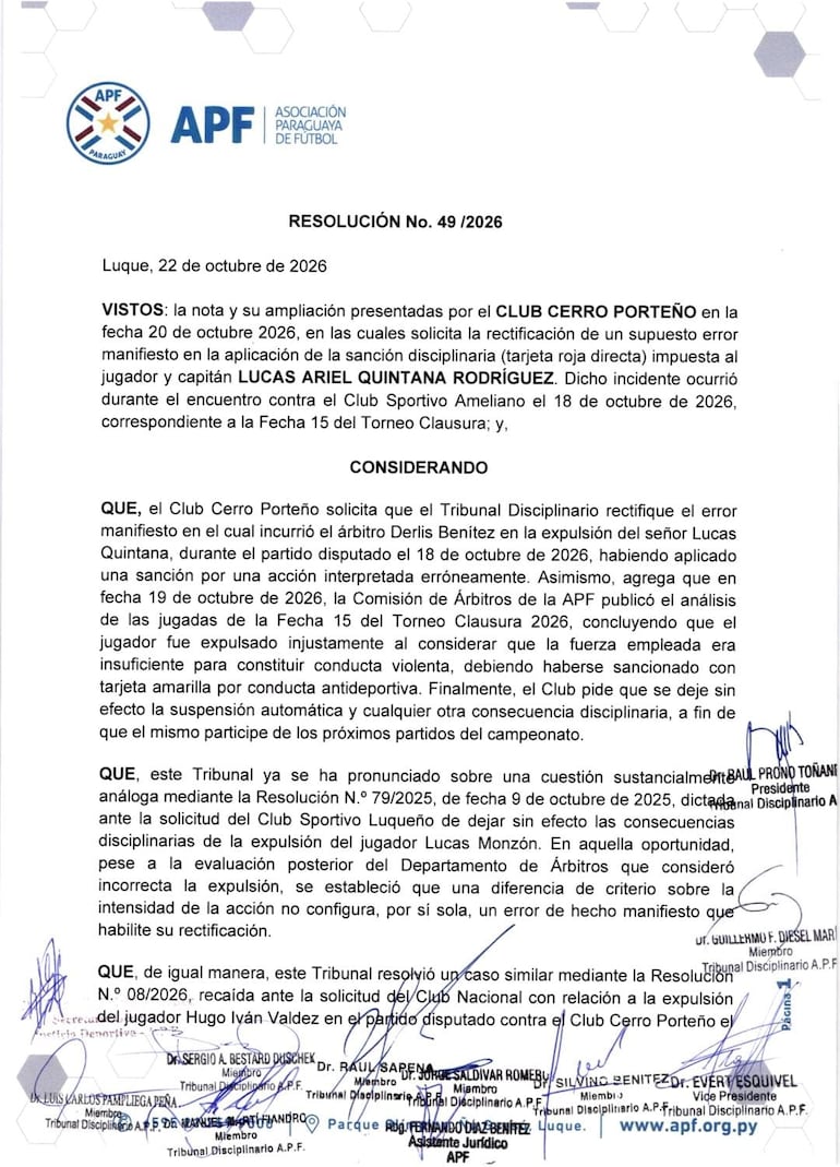 El Tribunal Disciplinario rechazó el pedido presentado por el Club Cerro Porteño.