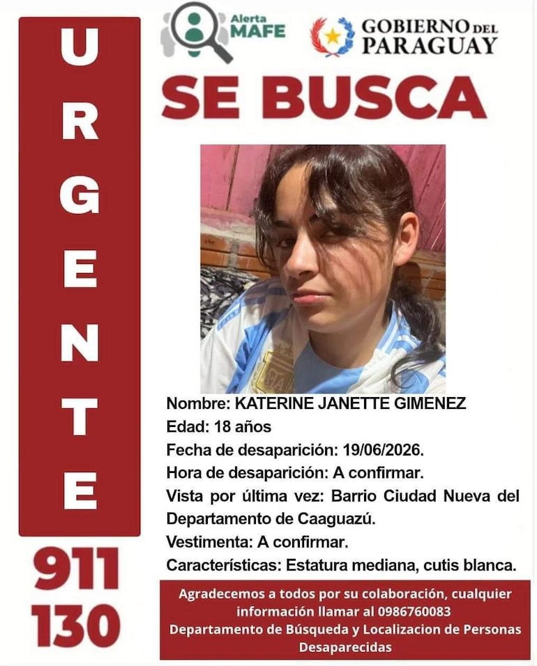 Cartel de búsqueda con foto de Katerine Janette Giménez, detalles sobre su desaparición y contacto para información.