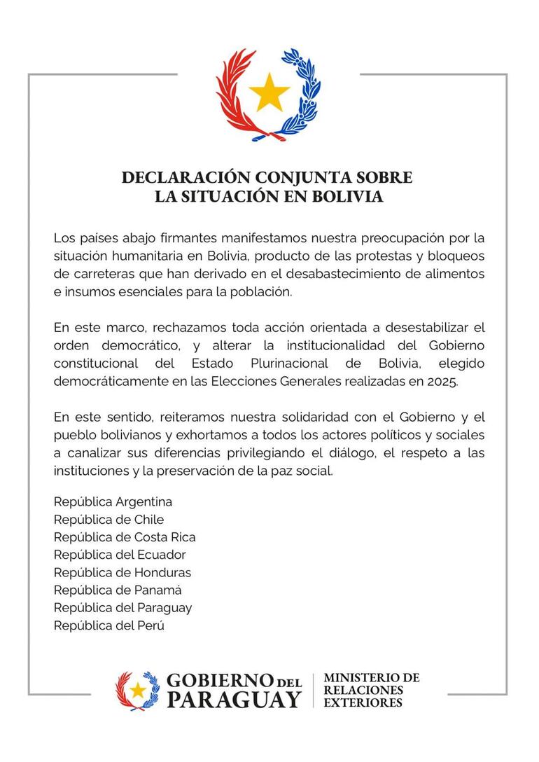 Documento oficial con emblema del Gobierno de Paraguay, encabezado por 'Declaración conjunta sobre la situación en Bolivia'.