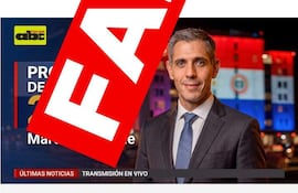 Hombre con chaqueta en póster de ABC Color, con fondo de colores de la bandera paraguaya y sello rojo que dice 'FALSO'.
