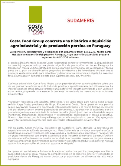 Documento informativo presenta la adquisición de Costa Food Group, destacando inversión porcina en Paraguay y participación de Sudameris Bank.