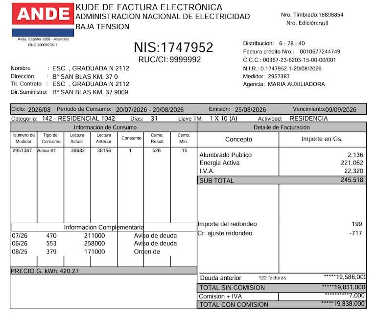 Factura de ANDE con información de deuda de la Escuela Graduada N° 2112, sin personas visibles.