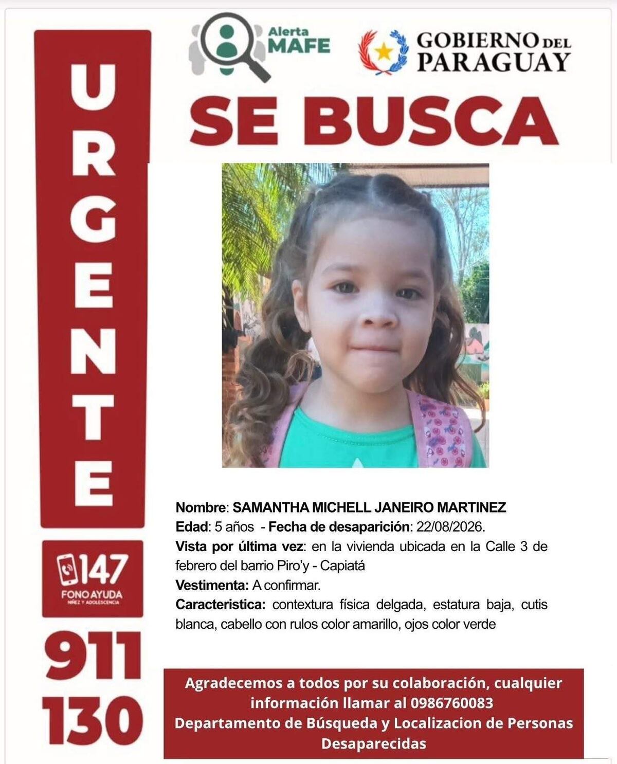 Alerta MAFE: Policía busca a niña de cinco años desaparecida en Capiatá