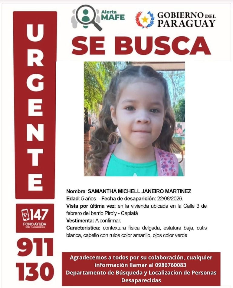 Cartel de búsqueda con foto de Samantha Janeiro, niña de cabello rizado y rubio, fondo de vegetación.