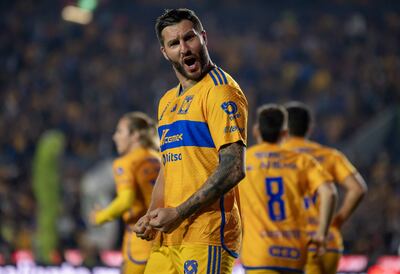 AME1844. MONTERREY (MÉXICO), 03/12/2023.- Andre Gignac de Tigres festeja una anotación, durante el partido de vuelta correspondiente a los cuartos del final del Torneo Apertura 2023 de la Liga MX disputado entre Tigres y Puebla, en el estadio Universitario de la ciudad de Monterrey (México). EFE/ Miguel Sierra