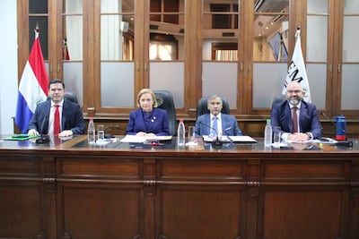 Sesión ordinaria del Jurado de Enjuiciamiento de Magistrados (JEM). Están presentes el diputado Alejandro Aguilera, la vicepresidenta 1° Alicia Pucheta, el ministro de la Corte Manuel Ramírez y el consejero Enrique Berni.