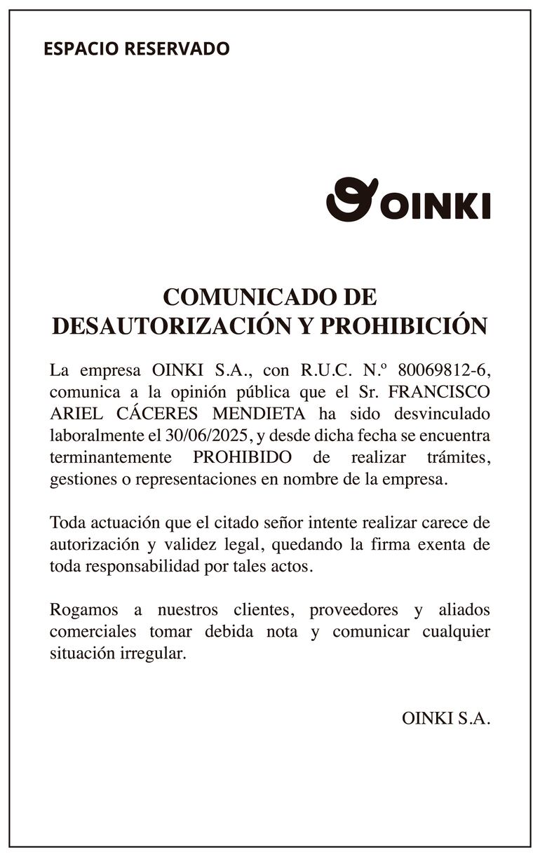 Comunicado de OINKI.