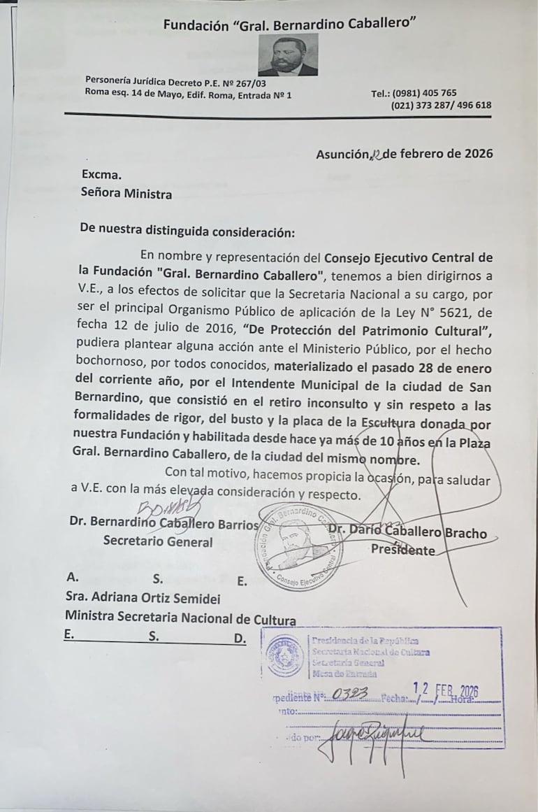 La Fundación Bernardino Caballero presentó oficialmente su nota ante la SNC, solicitando intervención por el retiro del busto.