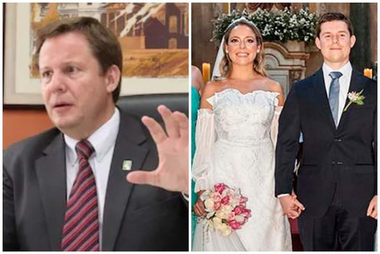Álvaro Joaquín Martínez León, vestido de traje oscuro, junto a su esposa en vestido de novia, rodeados de familiares sonrientes en ceremonia nupcial.