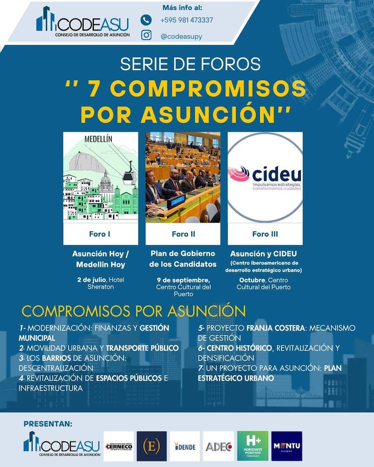 Cartel informativo sobre foros de desarrollo urbano en Asunción, con diseño gráfico destacando compromisos y fechas.
