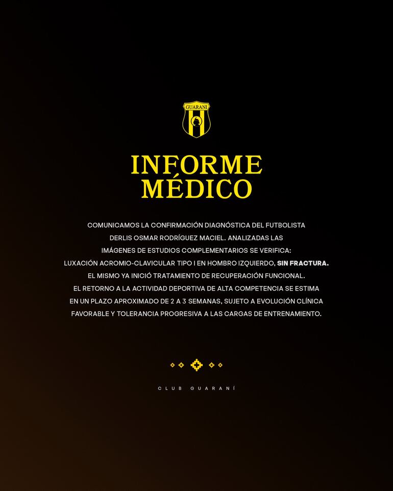 Informe médico emitido por Guaraní sobre la lesión de Derlis Rodríguez.