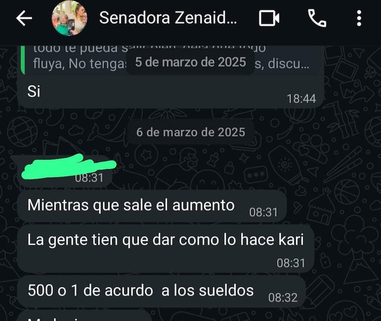 Captura de conversación de WhatsApp que muestra la participación de la senadora Zenaida en un esquema de extorsión.
