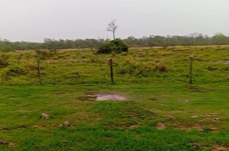 Paisaje rural con pastizales verdes y charca de agua, bajo un cielo nublado en Fuerte Olimpo.