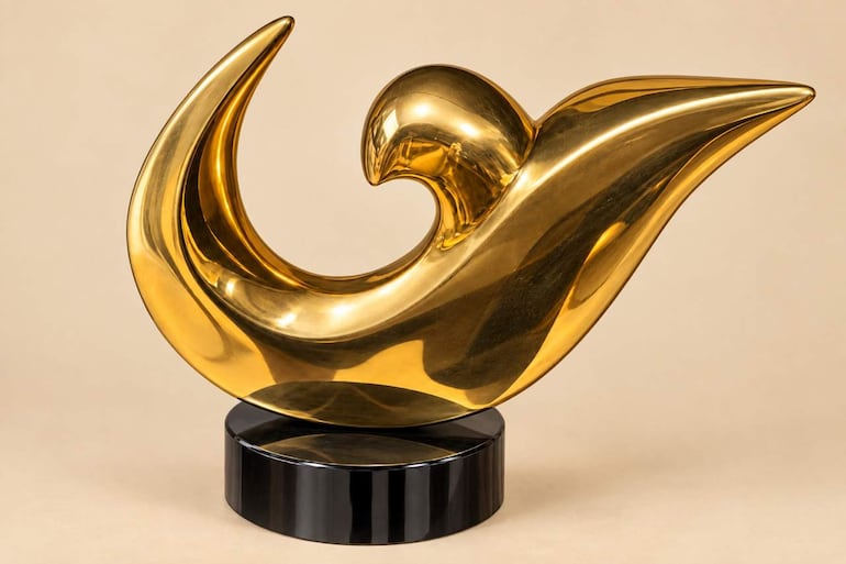 Escultura abstracta dorada en galería, con base negra que resalta su forma fluida y estilizada.