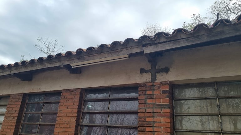 Techo de tejas con vegetación y pared de ladrillos expuestos, bajo un cielo nublado en un ambiente deteriorado.
