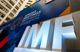 The stage in the atrium of the International Monetary Fund (IMF) headquarters is seen during the first day of the 2026 Spring Meetings of the IMF and the World Bank Group (WBG) in Washington, DC, on April 13, 2026. (Photo by Kent Nishimura / AFP)