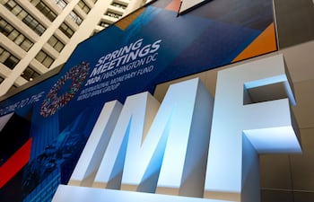 The stage in the atrium of the International Monetary Fund (IMF) headquarters is seen during the first day of the 2026 Spring Meetings of the IMF and the World Bank Group (WBG) in Washington, DC, on April 13, 2026. (Photo by Kent Nishimura / AFP)