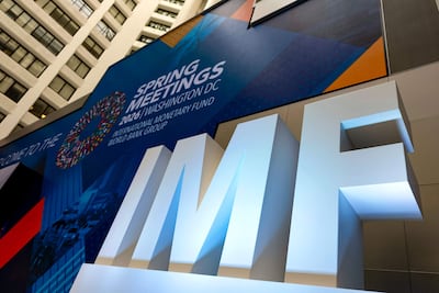 The stage in the atrium of the International Monetary Fund (IMF) headquarters is seen during the first day of the 2026 Spring Meetings of the IMF and the World Bank Group (WBG) in Washington, DC, on April 13, 2026. (Photo by Kent Nishimura / AFP)
