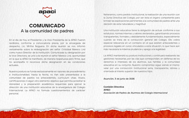 El comunicado de la APACI sobre la designación de Cristóbal Mareco Lird como director del colegio.