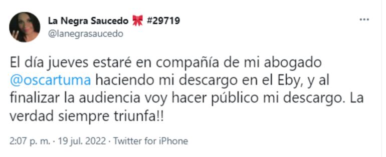 Tuit de Fátima Saucedo sobre su descargo ante la EBY sobre acusaciones de planillerismo.